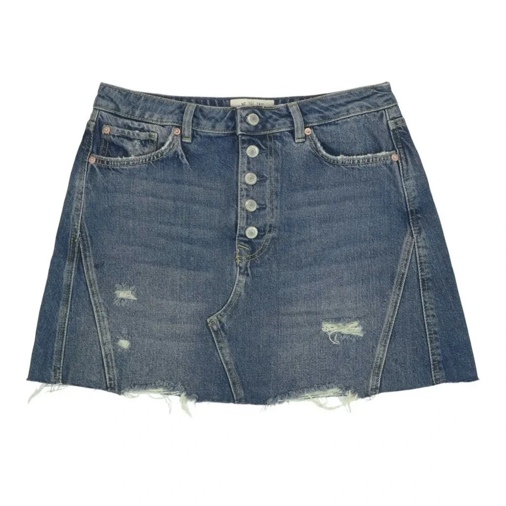 Free People We The Free Denim Mini Skirt Button Fly Raw Hem‎ Boho Festival 31